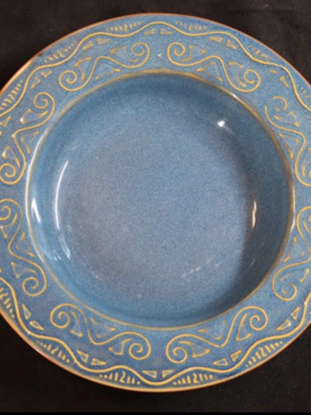 Pier 1 Tunisia Blue with Tan Embossed Scrolls Serving Pasta Salad Bowl 8 ½”
